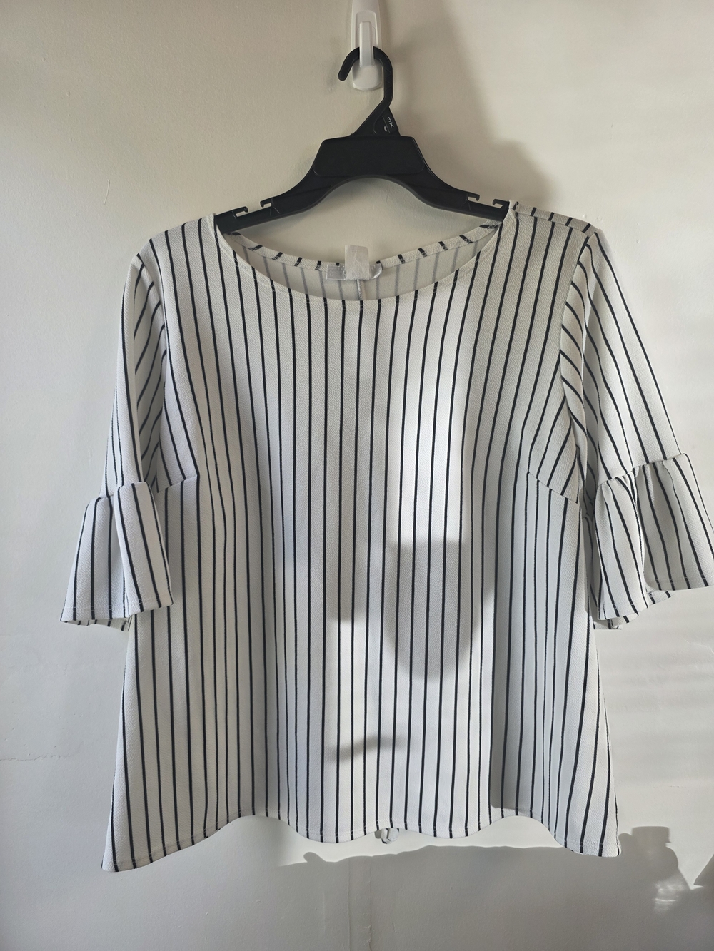 Moa Moa White Top with Black Pinstripes and Ruffle Sleeves